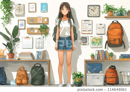 Cute girl with backpack and bookshelf 114649061