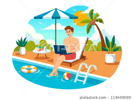 Freelance Workers Relaxing by the Swimming Pool Vector Illustration with Drinking Cocktails and Using Laptops in a Flat Cartoon Style Background 114649099