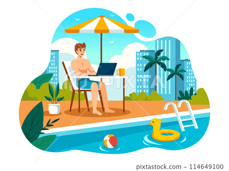 Freelance Workers Relaxing by the Swimming Pool Vector Illustration with Drinking Cocktails and Using Laptops in a Flat Cartoon Style Background 114649100