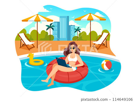 Freelance Workers Relaxing by the Swimming Pool Vector Illustration with Drinking Cocktails and Using Laptops in a Flat Cartoon Style Background 114649106