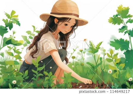 花園裡戴著帽子的可愛女孩 114649217