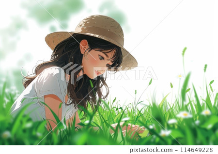 花園裡戴著帽子的可愛女孩 114649228