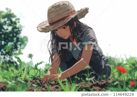 花園裡戴著帽子的可愛女孩 114649229