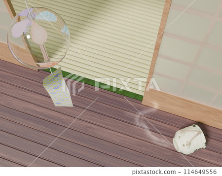 Aerial view of a summer veranda with wind chimes and a mosquito repellent pig 114649556