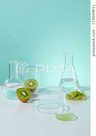 Vertical photo on baby blue texture with vacant space for showing product and fresh kiwi decorated. Template for organic product advertising, which extract from natural ingredient, copy space 114649651