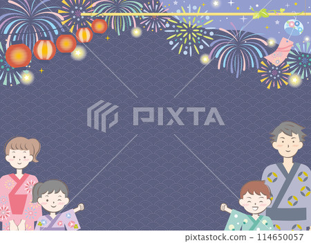 夏季節慶的背景圖片，一家人穿著浴衣，旁邊有煙火 114650057