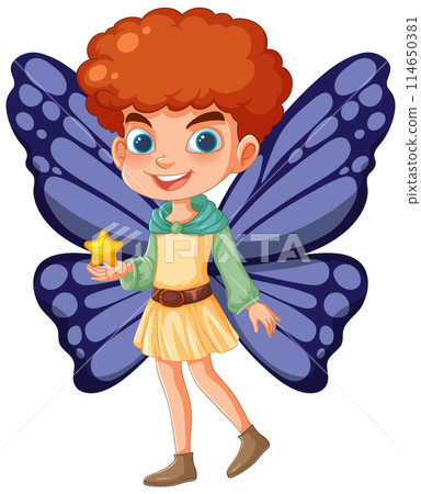 Joyful Kid with Butterfly Wings Holding Star 114650381