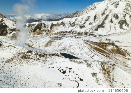 Aerial view of Midorigaike Pond at Murododaira in early winter, from above the mountain hut and Lindo Pond, with Chiike Pond in the foreground Aerial view of Midorigaike Pond at Murododaira in early winter, from above the mountain hut and Lindo Pond, with Chiike Pond in the foreground 114650406