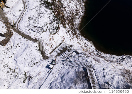 Aerial view of the promenade directly below Mikurigaike Pond in Murododaira in early winter 114650460