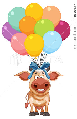 Cheerful Pig Floating with Colorful Balloons 114650487
