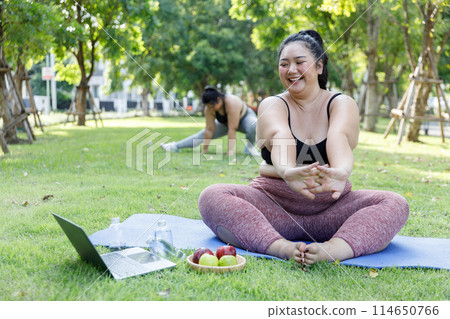 Asian female overweight in sportswear training exercise to lose 114650766