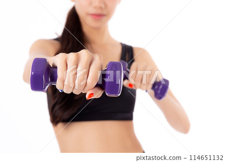 Closeup hands young asian woman lifting dumbbell and punch isolated on white background. 114651132
