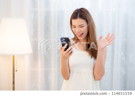 Young asian woman walking using smart phone for video call in living room at home. Young asian woman walking using smart phone for video call in living room at home. 114651559