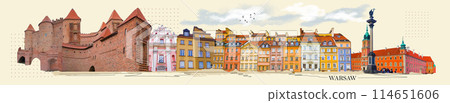 Collage about old colorful historic houses at old town market square, Warsaw, Poland 114651606