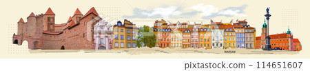 Collage about old colorful historic houses at old town market square, Warsaw, Poland 114651607