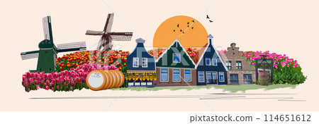 The famous Dutch windmills. View through red tulips on the Netherlands canals. Creative collage. The famous Dutch windmills. View through red tulips on the Netherlands canals. Creative collage. 114651612