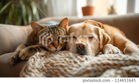 狗和貓在沙發上放鬆 狗和貓在沙發上放鬆 114651645