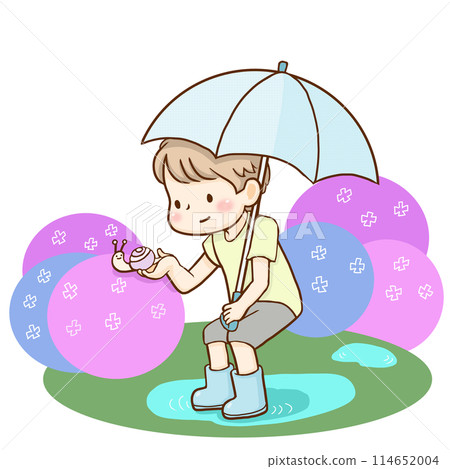 一個孩子撐著繡球花和蝸牛的傘 一個孩子撐著繡球花和蝸牛的傘 114652004