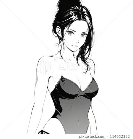 一名身穿泳衣的年輕女子穿著泳衣擺姿勢的線條畫 114652332