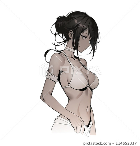 A young woman in a swimsuit with her hands on her hips 114652337