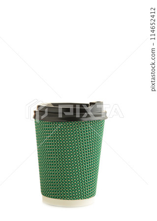 Green paper cup of coffee isolated on white background 114652412