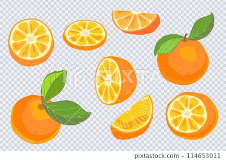 Set of fresh whole orange, half, cut slice, leaves Set of fresh whole orange, half, cut slice, leaves 114653011