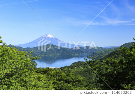 Lake Ashi and Mt. Fuji as seen from Fujimi Pass in Hakone, Ashigarashimo District, Kanagawa Prefecture 114653262