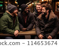 Group of happy friends hanging out at the bar, enjoying drinks and cheers together 114653674