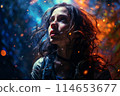 Woman astronaut flying satellite station in outer space 114653677