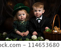 title. joyful kids dressed in green costumes celebrating st. Patricks day parade 114653680