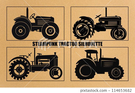 Steampunk Tractor Silhouette, Tractors Vector Silhouette,Tractor Silhouettes Modern and Antique, 114653682