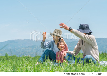 Japanese family having a picnic in the park (copy space) 114653846