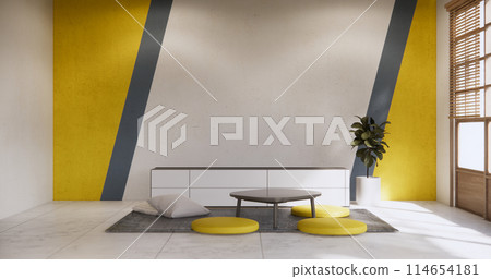 Gray and yellow wall on white granite floor with decoration. 114654181
