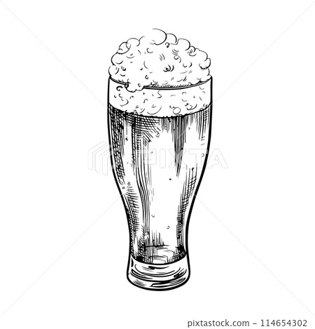 The beer mug is made of glass. Vector engraving for web pages, posters, party invitations. A hand-drawn design element highlighted on a white background. For a pub or restaurant menu, label, poster. 114654302