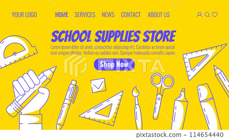 School supplies store, vector website template. pencil in hand, triangle, protractor, school stationery. For web, landing page, selling. Yellow background School supplies store, vector website template. pencil in hand, triangle, protractor, school stationery. For web, landing page, selling. Yellow background 114654440