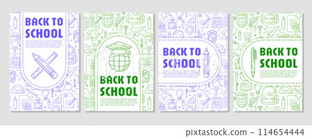 Set of back to school poster, vector blue and green modern minimalist design with school supplies line pattern. Education, learning, knowledge concept. a4 format. For banner, cover, web, flyer, store Set of back to school poster, vector blue and green modern minimalist design with school supplies line pattern. Education, learning, knowledge concept. a4 format. For banner, cover, web, flyer, store 114654444