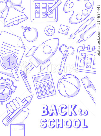Back to school poster, vector blue modern minimalist design with school supplies line icons. Education, learning, knowledge concept. a4 format. For banner, cover, web, flyer, business Back to school poster, vector blue modern minimalist design with school supplies line icons. Education, learning, knowledge concept. a4 format. For banner, cover, web, flyer, business 114654445