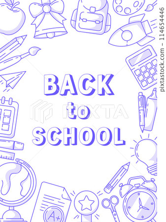 Back to school poster, vector blue modern minimalist design with school supplies line icons. Education, learning, knowledge concept. a4 format. For banner, cover, web, flyer, store Back to school poster, vector blue modern minimalist design with school supplies line icons. Education, learning, knowledge concept. a4 format. For banner, cover, web, flyer, store 114654446