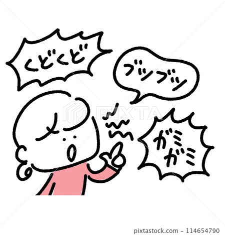 卡通風格憤怒的女人，有線條、語音氣泡、顛簸、軟糖、簡單可愛的線條畫插圖 114654790