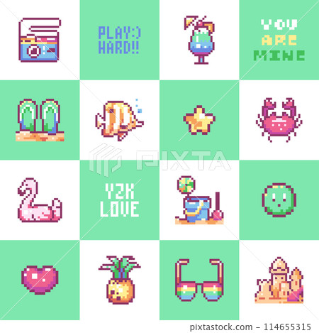 Y2K Pixel Art Summer Beach Icons Pattern Y2K Pixel Art Summer Beach Icons Pattern 114655315