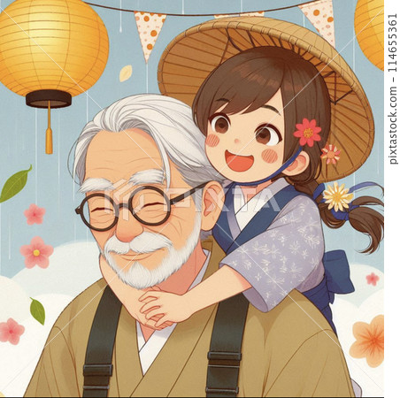 Grandfather carrying grandson on his shoulders on Father's Day 114655361
