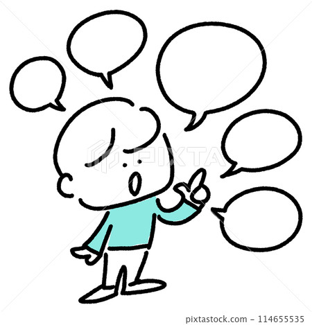 漫畫風格的男人表達許多意見，講話泡泡，線條，全身，簡單可愛的線條畫插圖 114655535