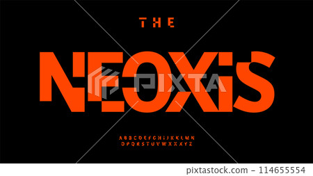 Neo futuristic geometric alphabet, minimalist block font with cutout space, bold modern typography, innovative digital font design, monogram, headline, logo. Vector typeset 114655554