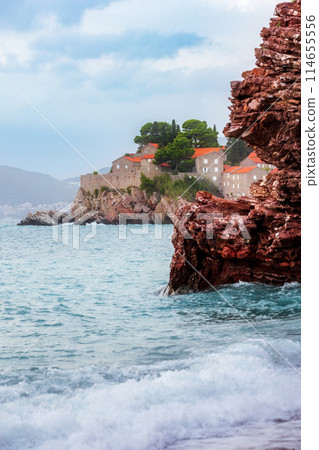 Sveti Stefan at sunset, Montenegro, waves Sveti Stefan at sunset, Montenegro, waves 114655556