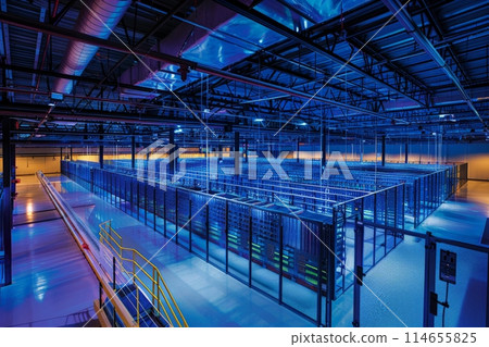 Rows of servers fill a long building hallway in a data center 114655825