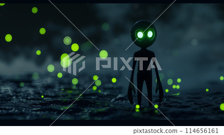 Ethereal Watcher: Black Stick Figure with Neon Blue Glowing Eyes. Generative AI Ethereal Watcher: Black Stick Figure with Neon Blue Glowing Eyes. Generative AI 114656161