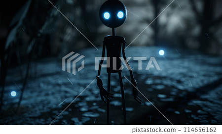 Ethereal Watcher: Black Stick Figure with Neon Blue Glowing Eyes. Generative AI 114656162