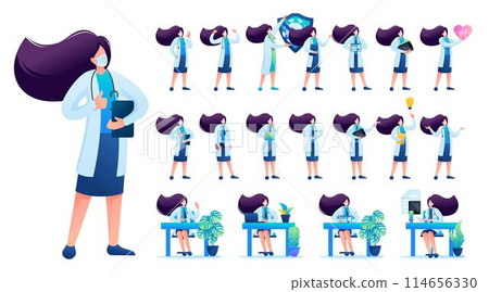 Set of Woman doctor. Presentation in various in various poses and actions. 2D Flat character vector illustration N6 Set of Woman doctor. Presentation in various in various poses and actions. 2D Flat character vector illustration N6 114656330