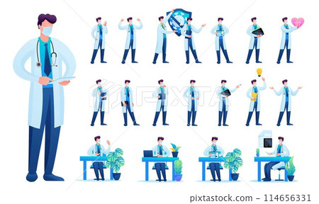 Set of Man doctor. Presentation in various in various poses and actions. 2D Flat character vector illustration N8 Set of Man doctor. Presentation in various in various poses and actions. 2D Flat character vector illustration N8 114656331