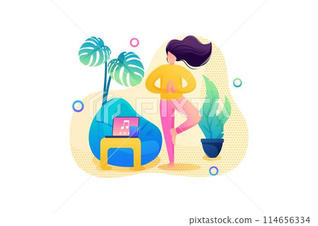 Self-isolation, the girl does yoga at home in a calm environment. Flat 2D. Vector illustration web design 114656334